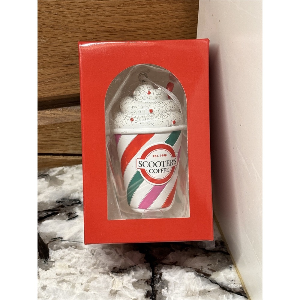 NEW SCOOTERS Coffee Christmas Ornament Mini Cup Latte Faux Cream Straw 2024